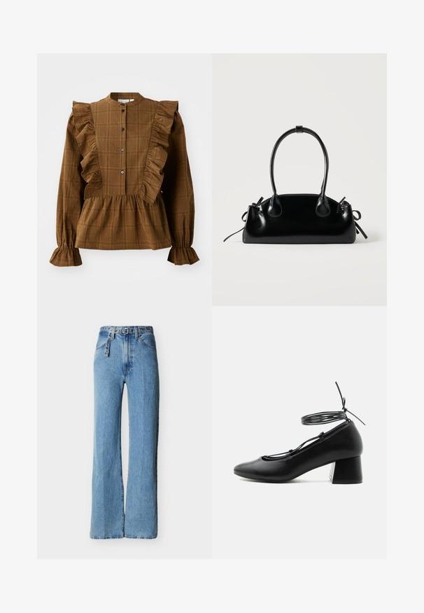 Brunternetternet bluse med ruffle-detaljer langs skuldrene og foran. Hele ærmer og samlet kant giver et tekstureret, lagdelt udseende.; Lyseblå jeans i høj talje med vide ben, fem lommer og et matchende bælte i denim med metaløjer og spænde.; Sort læder sko med mellemhøj hæl, spids tå, krydsede stropper og snøre omkring anklen på hvid baggrund.; Lille sort blank håndtaske med to lange håndtag og snøre-detaljer i siden på en ensfarvet lys baggrund.