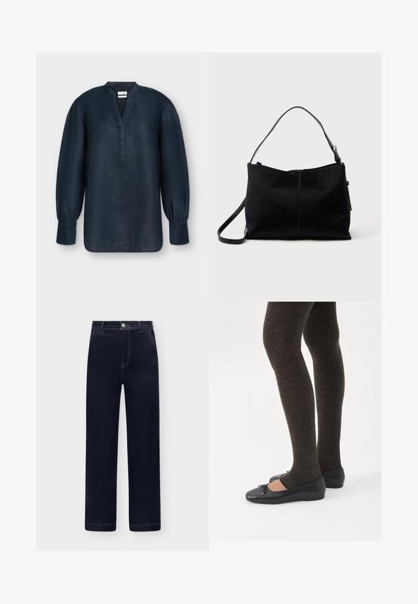 Blouse bleu marine à manches longues avec col mandarin, fente en V, poignets froncés et coupe ample, présentée sur un fond uni.; Jean en denim bleu foncé taille haute, coupe droite, poches avant, fermeture à boutons et passants de ceinture sur fond clair.; Jambes portant des leggings côtelés foncés associés à des ballerines noires avec de petits détails en nœud sur fond blanc.; Sac à bandoulière noir avec une surface lisse et texturée, doté d'une seule sangle et d'une fermeture éclair en haut. Forme rectangulaire compacte.