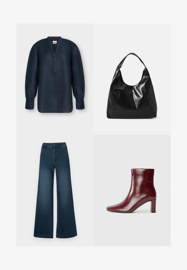 Blouse bleu marine à manches longues avec col mandarin, fente en V, poignets froncés et coupe ample, présentée sur un fond uni.; Jean en denim bleu foncé, taille haute et jambes larges, avec poches avant et passants de ceinture sur fond blanc.; Bottine en cuir bordeaux avec un bout pointu et un talon carré. Texture lisse avec une silhouette élégante et des lignes épurées.; Sac hobo en cuir noir avec une texture douce et brillante et un haut ouvert arrondi. Dispose d'une large sangle courbée pour le transport. Pas de matériel visible.