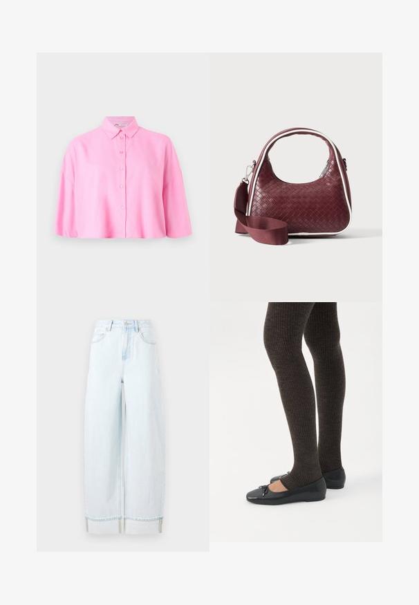 Roze kortebragige overhemd met knoopsluiting en een puntige kraag, met een relaxed fit. Gemaakt van lichtgewicht stof met een gladde textuur.; Lichtblauwe wijdvallende spijkerbroek van denim, met een hoge taille, zijzakken en een omgeslagen zoom met zichtbare stikselaccenten.; Benen met donkere geribbelde leggings gecombineerd met zwarte ballerina's met kleine strikdetails op een witte achtergrond.; Donkerrode geweven leren handtas met gebogen handvat, witte bies, zilveren rits en afneembare brede stoffen schouderriem tegen een effen achtergrond.