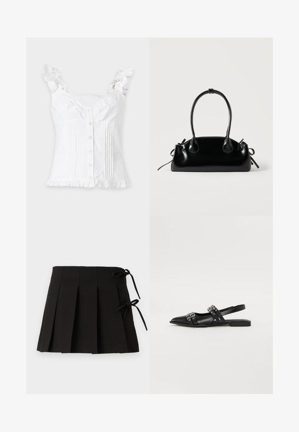 Blouse blanche sans manches avec bretelles et ourlet froncés, boutons à l'avant et plis verticaux cousus des deux côtés.; Jupe plissée noire avec des liens sur les côtés, fabriquée dans un tissu à la texture lisse ; elle présente un design structuré et des lignes épurées.; Even&Odd by Zalando Ballerines à brides arrière - black; Petit sac à main noir brillant avec deux longues anses et des détails à cordon sur les côtés sur un fond clair uni.