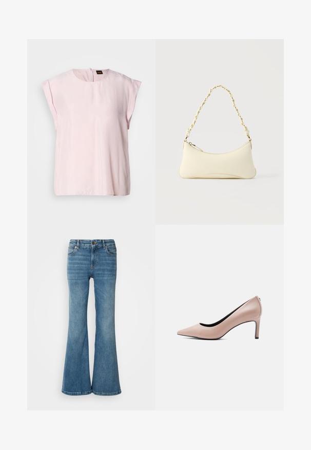 Haut rose à manches courtes avec un col rond et un léger éclat. Présente une fermeture zippée au dos et une coupe décontractée. Texture lisse.; Jean évasé bleu clair en denim, doté de cinq poches, de coutures visibles, et d'une fermeture à bouton et à zip à la taille.; Chaussure à talon haut beige à bout pointu avec un talon aiguille mince sur un fond blanc uni.; Petit sac à main couleur crème avec une forme incurvée et une poignée en chaîne torsadée ton or, fermeture éclair sur le dessus