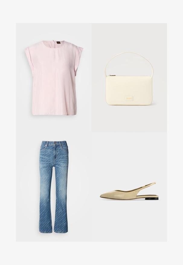 Haut rose à manches courtes avec un col rond et un léger éclat. Présente une fermeture zippée au dos et une coupe décontractée. Texture lisse.; Jean en denim bleu évasé avec un délavage léger, motif de texte blanc diagonal, design à cinq poches et fermeture à bouton en métal.; Chaussure plate beige à bout pointu avec bride arrière, petit talon noir et finition en cuir lisse, vue de côté sur un fond uni.; Sac à main rectangulaire de couleur crème avec une seule sangle et une fermeture éclair sur le dessus, comportant une petite plaque de logo embossé à l'avant.