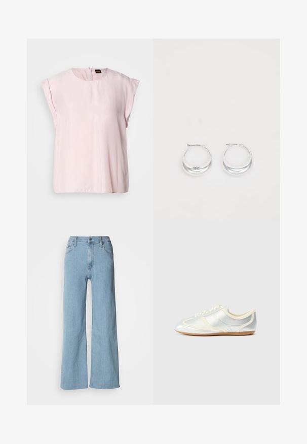 Ροζ τοπ κοντομάνικο με στρογγυλή λαιμόκοψη και διακριτική γυαλάδα. Διαθέτει πίσω φερμουάρ και άνετη εφαρμογή. Λείος υφασμάτινος σκελετός.; Ανοιχτό μπλε τζιν παντελόνι με φαρδιά γραμμή, κατασκευασμένο από ντένιμ, με εφαρμοστή μέση, πέντε τσέπες και διακριτές ραφές.; Ασημί συνθετικά αθλητικά παπούτσια με κρεμ λεπτομέρειες, χαμηλό προφίλ, στρογγυλερή μύτη και επίπεδη ελαστική σόλα· διαθέτουν κλασική ραφή και σύστημα δέσιμου με κορδόνια.; Ασημένια σκουλαρίκια δαχτυλίδια με γυαλιστερή επιφάνεια και σήμα DKNY, τοποθετημένα μπροστά σε λευκό φόντο.