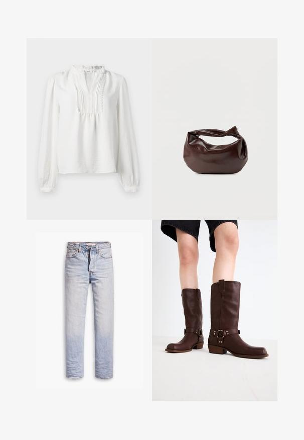 Blouse blanche à manches longues avec un col volanté, un détail plissé à l'avant et des poignets élastiqués. Tissu doux avec une finition légèrement texturée.; Jean en denim bleu clair avec une coupe droite, dotés d'une fermeture à boutons, de cinq poches et d'un léger délavage sur les jambes.; Bottes en cuir marron jusqu'au genou avec un bout arrondi, une surface texturée, une sangle au niveau de la cheville et des détails en métal argenté ; talon empilé.; Sac bandoulière en cuir marron foncé avec une forme souple et décontractée et une anse nouée torsadée sur un fond blanc uni.