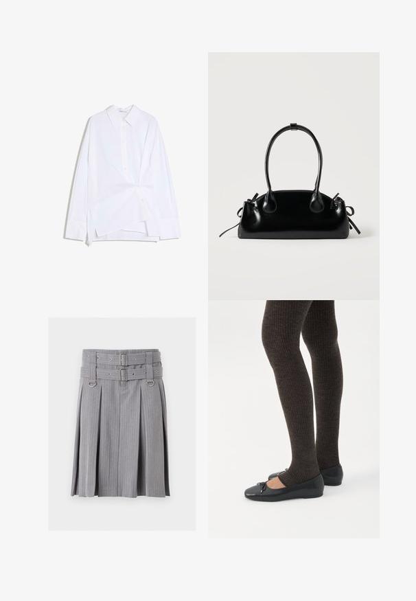 Chemise blanche à manches longues avec boutons, devant asymétrique torsadé et col classique, présentée sur un fond blanc.; Jupe plissée grise à fines rayures avec double ceinture et détails de boucles argentées, présentant des accents anneaux en D à la taille.; Jambes portant des leggings côtelés foncés associés à des ballerines noires avec de petits détails en nœud sur fond blanc.; Petit sac à main noir brillant avec deux longues anses et des détails à cordon sur les côtés sur un fond clair uni.