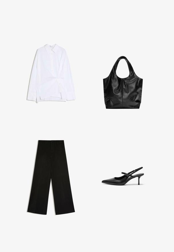 Chemise blanche à manches longues avec boutons, devant asymétrique torsadé et col classique, présentée sur un fond blanc.; Pantalon noir à jambes larges avec passants de ceinture, fermeture devant par bouton et zip, posé à plat sur fond blanc.; Talons aiguilles noires en cuir avec un bout pointu, une fine bride réglable, et un talon aiguille d'environ 5 cm, texture lisse.; Sac fourre-tout en cuir noir avec une texture lisse, un haut arrondi doux et de larges poignées. Présente une couture minimale et une silhouette décontractée.