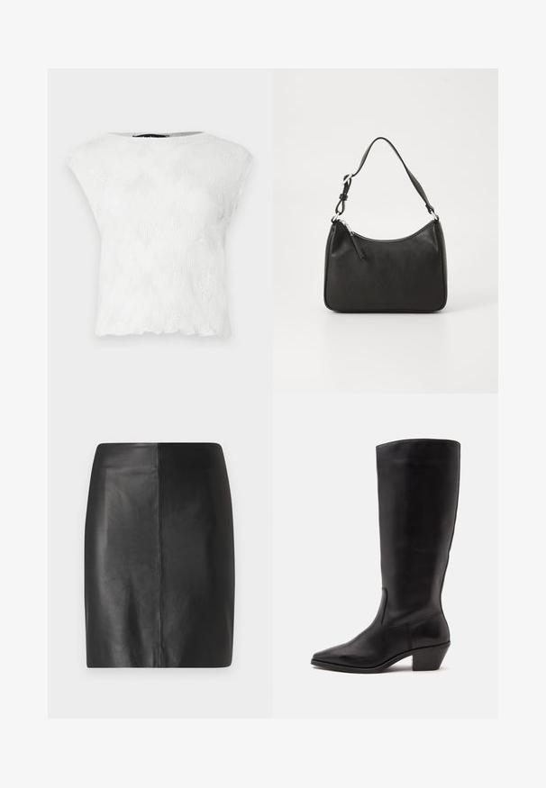 Top blanco de manga corta con un patrón texturizado ondulado y un escote redondeado, con un dobladillo ligeramente ondulado. Hecho de una tela ligera.; Falda de cuero negro con un diseño ajustado y textura suave, que presenta una costura central en el frente y una silueta limpia y minimalista.; Bota de cuero negra hasta la mitad de la pantorrilla con puntera puntiaguda y tacón bajo inclinado sobre un fondo claro y liso.; Bolso de mano de cuero negro con forma curvada, una sola correa, cierre de cremallera y marcas sutiles en la parte frontal. Textura suave, diseño minimalista.