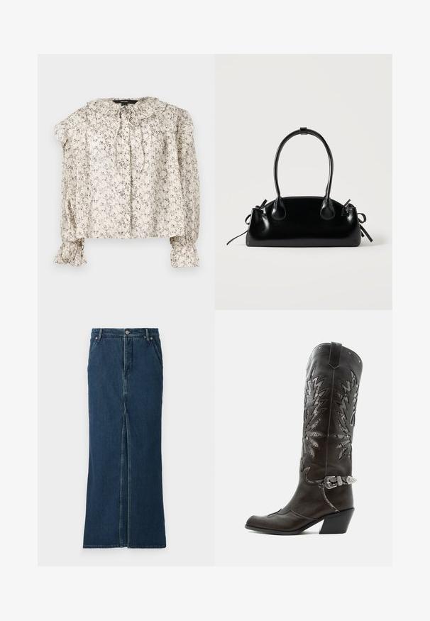 Lette, cremeklædte bluse med små blomstertryk. Har en rynket krave, bindebånd og sammensynede ærmer med vide manchetter. Fem knapper.; Good American FIT AND FLARE MAXI SKIRT - Denimnederdele - indigo; Sort læder cowboystøvle med dekorative udskæringer, sølvspænde og skrå hæl, vist på hvid baggrund.; Lille sort blank håndtaske med to lange håndtag og snøre-detaljer i siden på en ensfarvet lys baggrund.