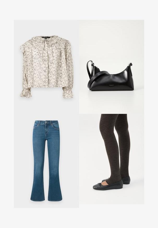 Lette, cremeklædte bluse med små blomstertryk. Har en rynket krave, bindebånd og sammensynede ærmer med vide manchetter. Fem knapper.; Blå denim flared jeans med en mellemhøj talje, fem-lomme design og diskrete syninger. Glat tekstur med en klassisk vask.; Ben iført mørke ribbede leggings kombineret med sorte balletsko med små sløjfedetaljer på hvid baggrund.; Sort læderhåndtaske med en glat tekstur. Har en justerbar stropp og et enkelt, minimalistisk design med lynlås.