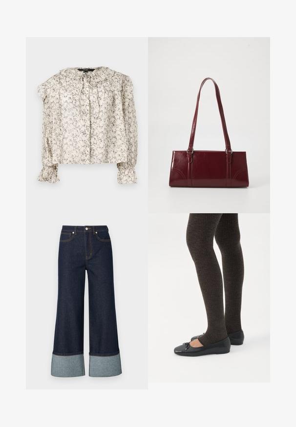 Lette, cremeklædte bluse med små blomstertryk. Har en rynket krave, bindebånd og sammensynede ærmer med vide manchetter. Fem knapper.; Bredde jeans lavet af mørk denim, med en lysere denimmanchet. Designet omfatter forlommer og kontrastsyningsdetaljer.; Ben iført mørke ribbede leggings kombineret med sorte balletsko med små sløjfedetaljer på hvid baggrund.; Bordeaux håndtaske lavet af glansfuldt materiale, rektangulær form, med to skulderremme og subtile buede detaljer på forsiden.