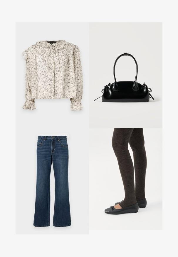 Lette, cremeklædte bluse med små blomstertryk. Har en rynket krave, bindebånd og sammensynede ærmer med vide manchetter. Fem knapper.; Mørkeblå jeans med vide ben og klassisk design med fem lommer, der har knaplukning og diskret falming. Fremstillet af denimstof.; Ben iført mørke ribbede leggings kombineret med sorte balletsko med små sløjfedetaljer på hvid baggrund.; Lille sort blank håndtaske med to lange håndtag og snøre-detaljer i siden på en ensfarvet lys baggrund.