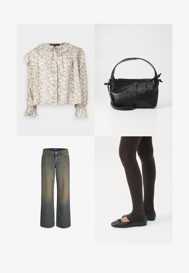 Lette, cremeklædte bluse med små blomstertryk. Har en rynket krave, bindebånd og sammensynede ærmer med vide manchetter. Fem knapper.; Bredde ben blå denim jeans med en lys til mørk gradient, fem-lomme design og lukning med knap. Syede detaljer på kanterne.; Ben iført mørke ribbede leggings kombineret med sorte balletsko med små sløjfedetaljer på hvid baggrund.; Sort læderhåndtaske med et struktureret design, rund tophåndtag og aftagelig skulderrem. Den har en glat tekstur og en subtil glans.