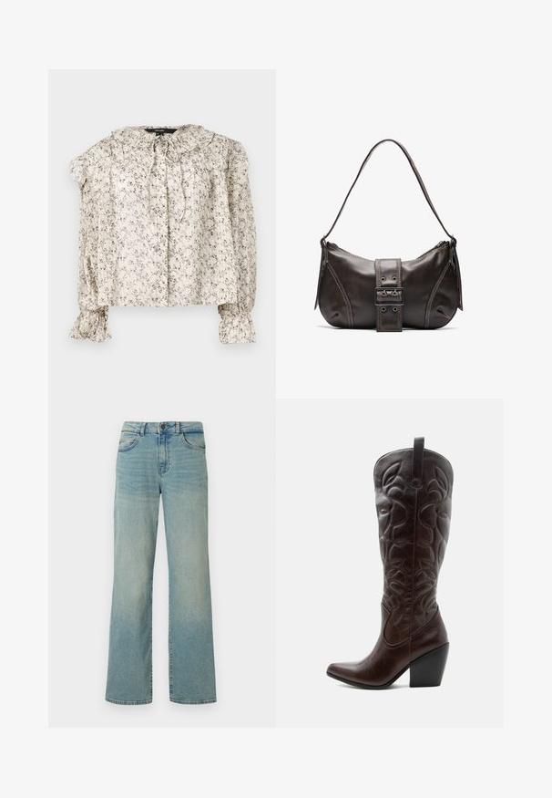Lette, cremeklædte bluse med små blomstertryk. Har en rynket krave, bindebånd og sammensynede ærmer med vide manchetter. Fem knapper.; Lyseblå denimjeans med høj talje, brede ben og klassisk fem-lomme design. Har subtil falming og knaplukning.; Høj mørkebrun læder cowboystøvle med syede dekorative mønstre, spids tå og stablet blokhæle.; Brun læder skuldertaske med en buet form, der har et fremtrædende spænde, kontrasterende syninger og en enkelt skulderrem.