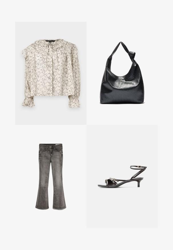 Lette, cremeklædte bluse med små blomstertryk. Har en rynket krave, bindebånd og sammensynede ærmer med vide manchetter. Fem knapper.; Udsvingende jeans i falmet sort denim med en let glans. Har fem lommer og kontrastsyninger langs kanterne.; Sort sandaler i laklæder med tynde stropper, lille kitten-hæl og justerbar ankelspænde.; Sort vævet lædertaske med en afslappet design, der har et knyttet rem og en lille dekorativ guldstud foran.