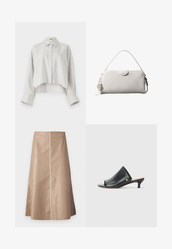 Stribet bluse med en cropped design, lavet af let væv. Har knaplukning foran, krave og brede, rullede manchetter. Lys grå og hvid.; Beige faux læder A-line nederdel med diskrete paneldetaljer og en glat mat overflade, knælang og højliv.; Sorte læder open-toe mules med en lav hæl. Har en glat overflade og et guld logo-prim på siden.; Hvid rektangulær Calvin Klein håndtaske med enkelt håndtag, minimalistisk design og dekorative kvaster med geometrisk metalvedhæng på siden.