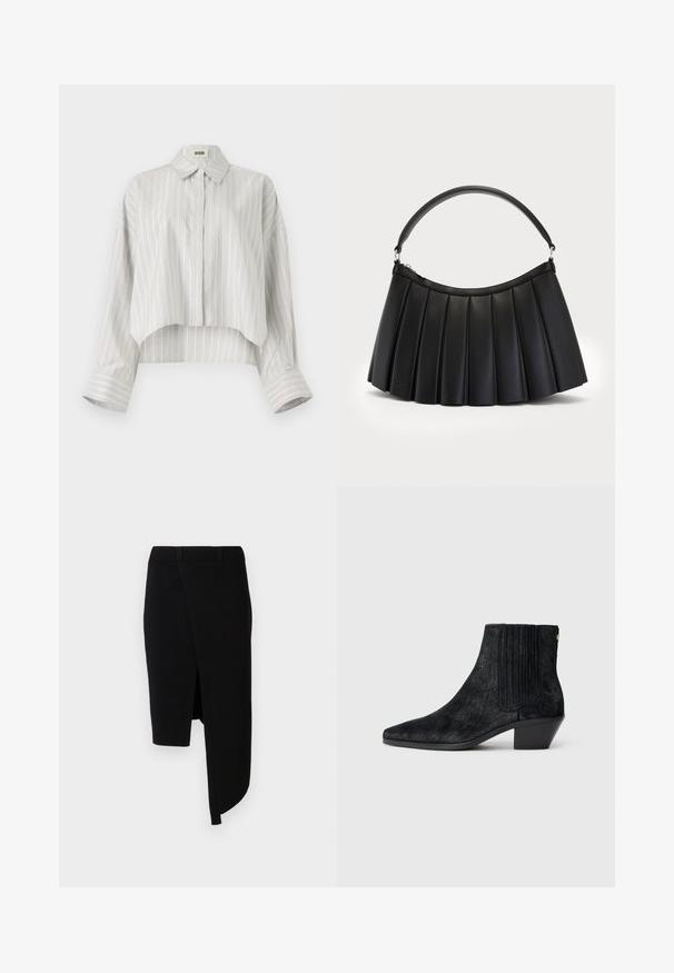 Stribet bluse med en cropped design, lavet af let væv. Har knaplukning foran, krave og brede, rullede manchetter. Lys grå og hvid.; Sort nederdel lavet af blødt materiale, med en asymmetrisk kant og frontslids, med en glat tekstur og en tætsiddende talje.; Sort ankelstøvle med spidse tæer, tekstureret håragtigt materiale, ribbet sidepanel og en lav, firkantet hæl. Simpelt og moderne design.; Sort plisseret håndtaske lavet af syntetisk læder, med et buet håndtag og lynlåslukning i toppen. Glat tekstur med struktureret design.