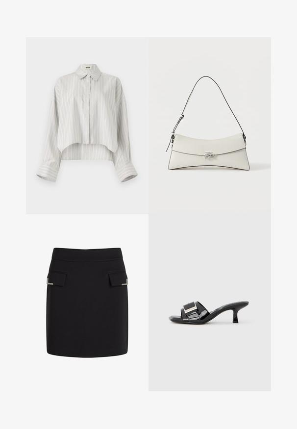 Blusa de rayas con un diseño corto, hecha de tela ligera. Presenta un frente con botones, cuello y puños anchos y doblados. Color gris claro y blanco.; Mini falda negra con dos bolsillos delanteros de solapa, cada uno con un pequeño detalle decorativo plateado en la esquina.; Mules de charol negro con punta abierta, tiras anchas, acento metálico y tacón cuadrado bajo. Textura suave con acabado brillante.; Bolso de hombro de cuero blanco con solapa curvada, borde negro, correa ajustable y cierre decorativo plateado sobre un fondo liso.