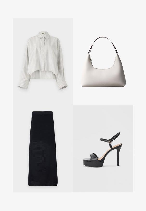 Stribet bluse med en cropped design, lavet af let væv. Har knaplukning foran, krave og brede, rullede manchetter. Lys grå og hvid.; Sort midi nederdel lavet af struktureret mesh materiale med en tætsiddende talje og lige snit, prydet med en ensfarvet farve uden mønstre.; Sorte platformsandaler med høj stiletthæl, der har en glat læderoverdel, peep toe-design og en justerbar ankelrem med metalbeslag.; Cremefarvet skuldertaske i læder fra Calvin Klein med buet topkant, sølvfarvet lynlås og mørkebrun justerbar rem.