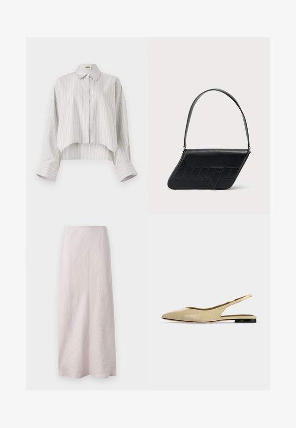 Stribet bluse med en cropped design, lavet af let væv. Har knaplukning foran, krave og brede, rullede manchetter. Lys grå og hvid.; Lys pink maxi nederdel i linned med et rent, lige design. Stoffet har en let struktureret overflade og en elastisk talje.; Beige spids tå slingback flad sko med lav sort hæl og en glat læderfinish, vist fra siden på en ensfarvet baggrund.; Sort skuldertaske i læder med trekantet form, præget logo og en enkelt justerbar rem. Minimalistisk design med glat tekstur.