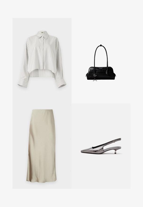 Stribet bluse med en cropped design, lavet af let væv. Har knaplukning foran, krave og brede, rullede manchetter. Lys grå og hvid.; En lang, lys beige nederdel lavet af glat stof har en subtil glans og en flagrende kant, hvilket giver et strømlinet, minimalistisk design.; Metalgrå spids slingback-sko med lav kittenhæle og justerbar rem på hvid baggrund.; Sort skuldertaske i krokodillelæder med lange stropper og lille sølvlogo-charm på den ene strop.