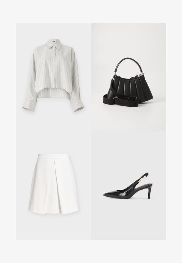 Stribet bluse med en cropped design, lavet af let væv. Har knaplukning foran, krave og brede, rullede manchetter. Lys grå og hvid.; Hvid knælængde nederdel med en frontfolder og en tætsiddende talje, vist mod en ensartet lys grå baggrund.; Sort læder slingback højhælede sko med spidse tæer, glat overflade og en smal ankelrem med guldfarvede hardware detaljer.; Sort plisseret handbag med et rundet håndtag, justerbar rem og blank overflade. Har sølvfarvet hardware og en struktureret silhuet.