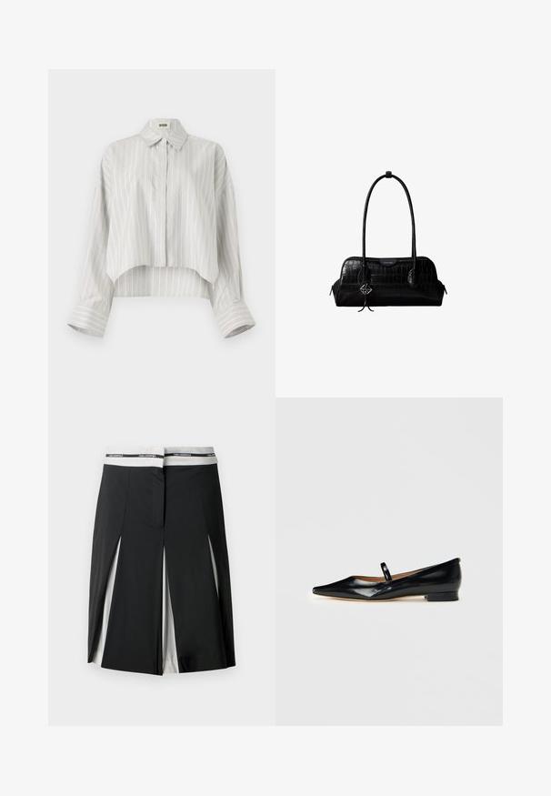 Stribet bluse med en cropped design, lavet af let væv. Har knaplukning foran, krave og brede, rullede manchetter. Lys grå og hvid.; Sort midi-nederdel med hvide sidepaneler og slidsdetaljer, med en hvid talje med "KARL LAGERFELD" branding i sort.; Sorte patenterede læder Mary Jane flade sko med spids tå, én rem og lav hæl på ensfarvet baggrund.; Sort skuldertaske i krokodillelæder med lange stropper og lille sølvlogo-charm på den ene strop.