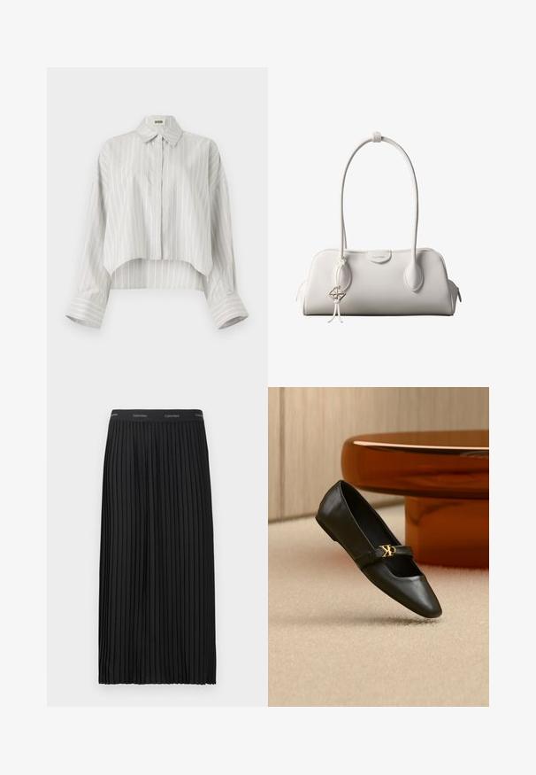 Blusa de rayas con un diseño corto, hecha de tela ligera. Presenta un frente con botones, cuello y puños anchos y doblados. Color gris claro y blanco.; Falda midi negra plisada con cinturilla elástica, con el logotipo de Calvin Klein en blanco repetido.; Zapato plano de cuero negro con puntera puntiaguda y logo dorado de CK en la correa, colocado sobre una alfombra beige cerca de una mesa redonda marrón ámbar.; Bolso de hombro blanco de Calvin Klein con asas largas, forma rectangular, cierre de cremallera y charm decorativo con el logo colgando cerca del asa.