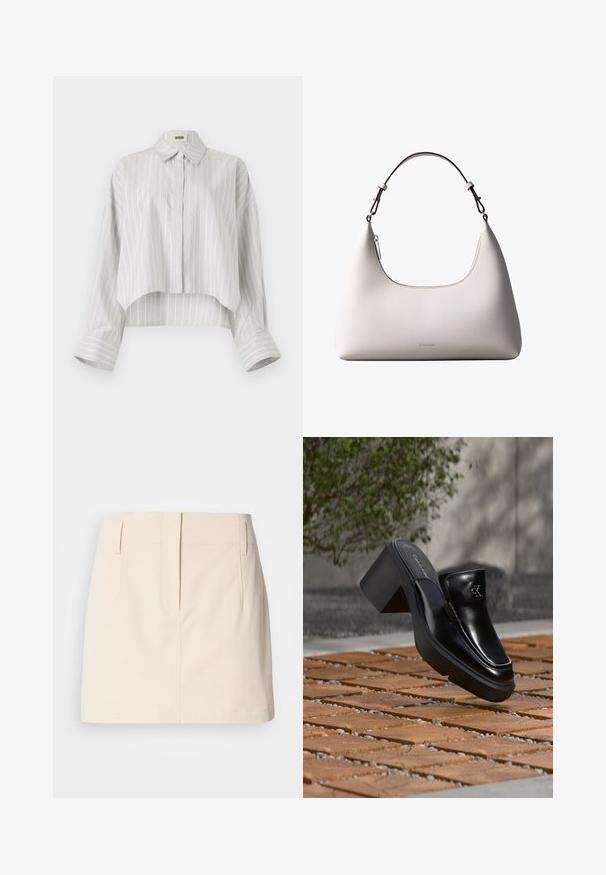 Blusa de rayas con un diseño corto, hecha de tela ligera. Presenta un frente con botones, cuello y puños anchos y doblados. Color gris claro y blanco.; Calvin Klein Jeans SKIRT - Falda acampanada - fog; Mule tipo slip-on de cuero negro de Calvin Klein con tacón de bloque descansando sobre baldosas de madera al aire libre cerca de una planta verde y una pared gris.; Bolso de hombro de cuero color crema de Calvin Klein con borde superior curvado, cremallera plateada y correa ajustable marrón oscuro.