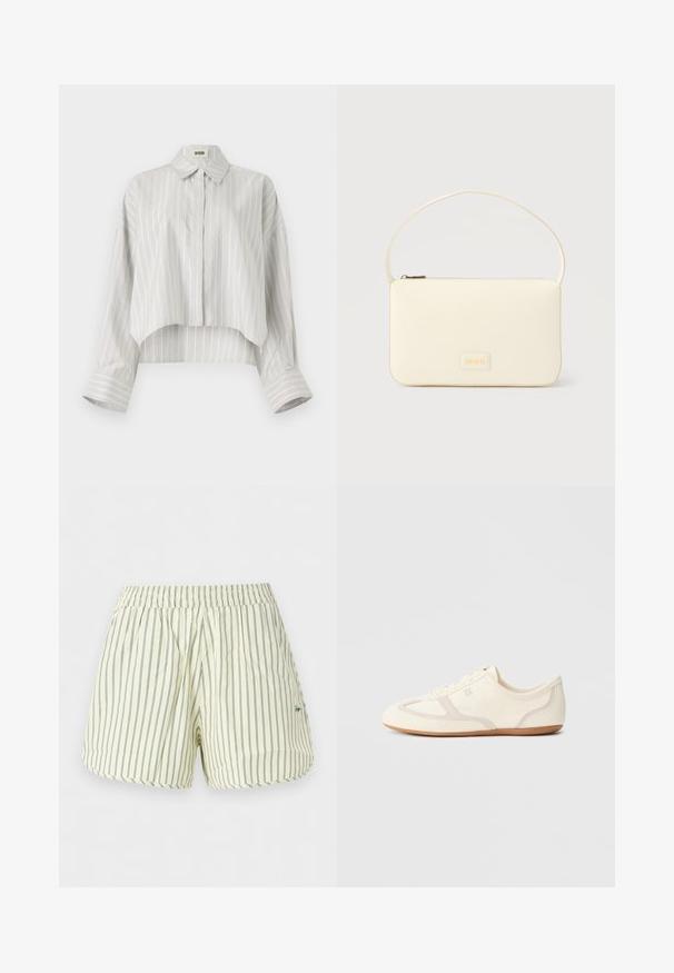 Gestreepte blouse met een cropped ontwerp, gemaakt van lichtgewicht stof. Voorzien van een knoopsluiting aan de voorkant, kraag en brede, opgerolde manchetten. Lichtgrijs en wit.; Lichte crèmekleurige korte broek met dunne verticale donkergroene strepen en een elastische tailleband, met kleine geborduurde tekst aan de zijkant.; Crème-witte sneakers met een bovenwerk van suède en stof, een afgeronde neus en een rubberen zool met een beige accentdetail. Vetersluiting.; Roomkleurige rechthoekige handtas met een enkele draagband en een ritssluiting aan de bovenkant, met een klein ingegraveerd logoplacaat op de voorkant.