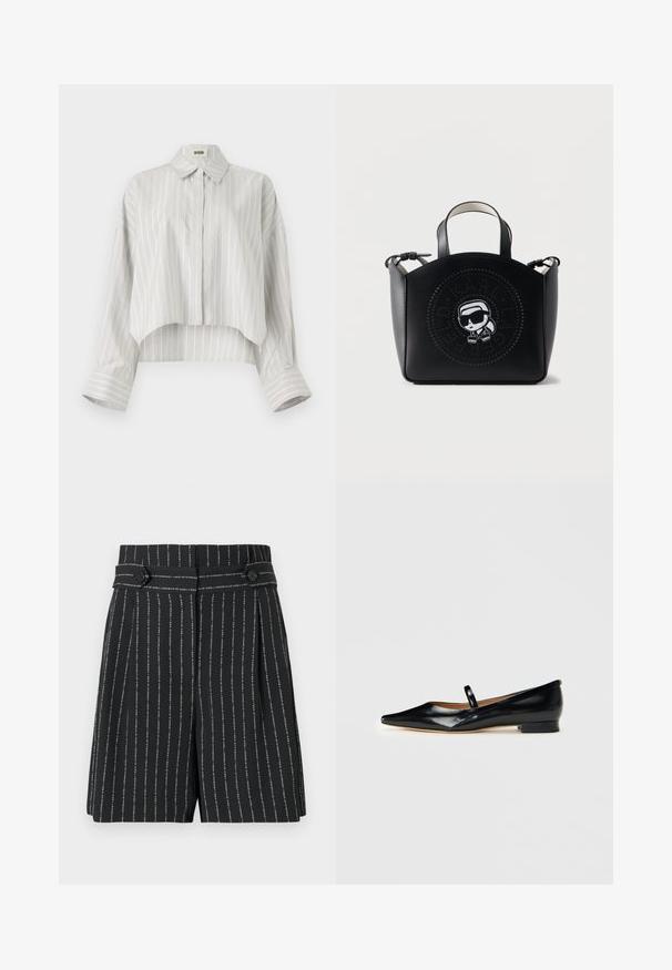 Stribet bluse med en cropped design, lavet af let væv. Har knaplukning foran, krave og brede, rullede manchetter. Lys grå og hvid.; Sorte shorts med lodrette hvide striber, plisseret design, bredt linning og knaplukning. Lavet af letvægtsstof.; Sorte patenterede læder Mary Jane flade sko med spids tå, én rem og lav hæl på ensfarvet baggrund.; Sort læderhåndtaske med korte håndtag, udstyret med en perforeret cirkulær logo og en tegneseriefigur iført solbriller på forsiden.