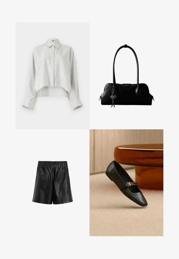 Gestreepte blouse met een cropped ontwerp, gemaakt van lichtgewicht stof. Voorzien van een knoopsluiting aan de voorkant, kraag en brede, opgerolde manchetten. Lichtgrijs en wit.; Zwarte leren shorts met een elastische tailleband, met een gladde textuur, wijde pijpen en zonder zichtbare zakken of versieringen.; Zwarte leren platte schoen met puntige neus en gouden CK-logo op het bandje, geplaatst op een beige tapijt bij een ronde amberbruine tafel.; Zwarte leren Calvin Klein handtas met lange hengsels, een logo-label aan de voorkant en een zilverkleurige geometrische hanger die aan één hengsel hangt.