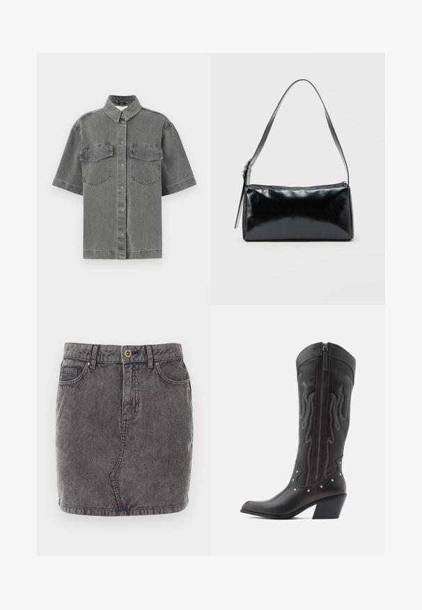Kortærmet grå denimskjorte med krave, to brystlommer og knaplukning. Har en falmet tekstur og standard pasform.; Grå denimnederdel med lodret ribbet tekstur, der har en frontknaplukning, to sidelommer og en lige kant.; Brune læder cowboystøvler med flammebroderi, sidelukning med lynlås, sølvnitter, spids snude og lagdelt hæl.; Sort rektangulær skuldertaske med en enkelt justerbar rem og lynlås i toppen på en ensfarvet baggrund.