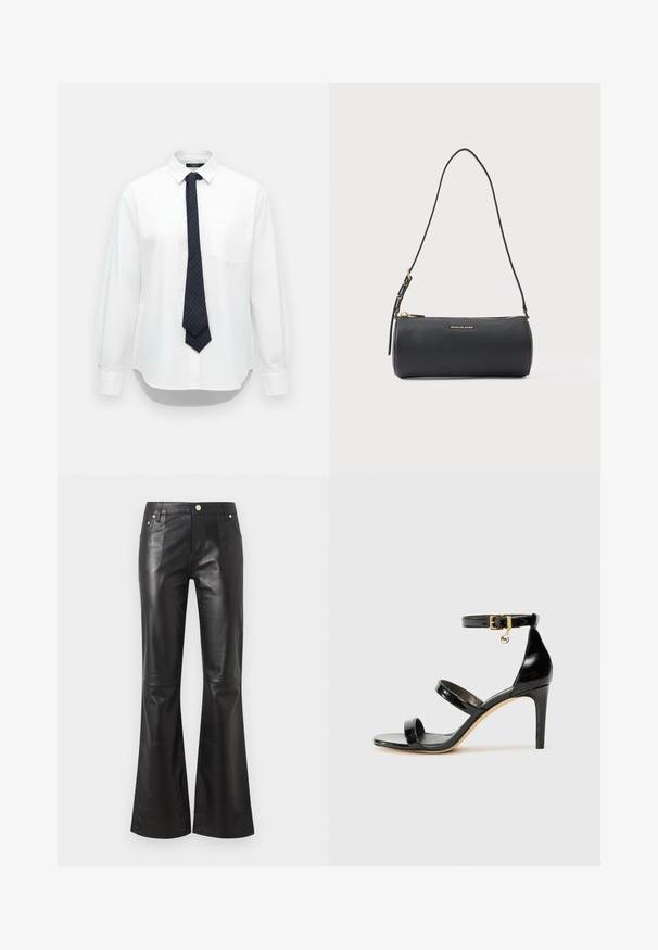 Chemise blanche à manches longues avec col et une poche poitrine gauche, associée à une cravate bleu marine foncé à motif à carreaux.; Pantalon taille haute en simili cuir noir avec jambes évasées, fermeture devant par bouton et fermeture éclair, poches devant et derrière.; Sandale en cuir verni noir avec trois brides, boucle de cheville et talon aiguille de 10 cm. Présente un détail en métal doré et un charm logo.; Sac bandoulière cylindrique en cuir noir avec fermeture éclair dorée et logo "Michael Kors" sur le devant, bandoulière réglable avec boucle.