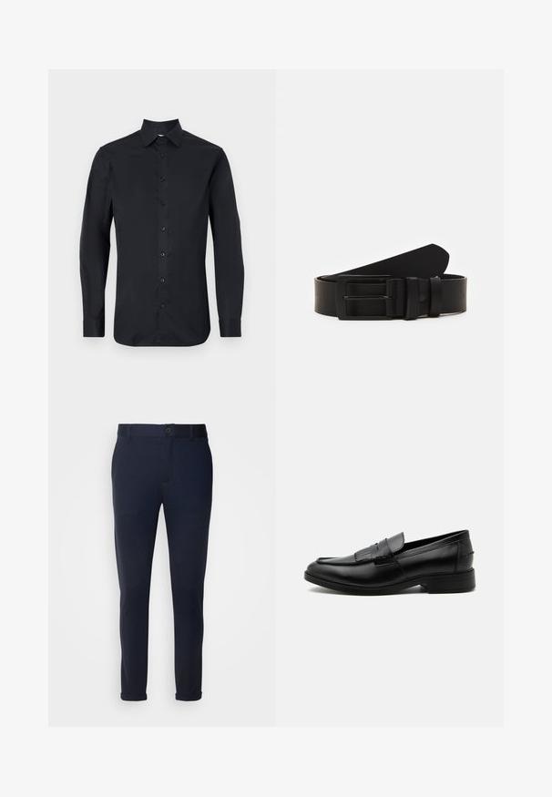 Schwarzes Langarmhemd aus glattem Stoff mit klassischem Kragen, einem frontalen Knopfverschluss und geknöpften Manschetten.; Marineblaue Hose aus weichem Stoff, mit Knopfverschluss, Gürtelschlaufen und umgeschlagenen Säumen. Glatte Textur mit tailliertem Design.; Schwarzer Leder-Herrenloafer mit Quasten-Detail, abgerundeter Spitze, niedrigem Absatz und glatter, polierter Oberfläche, von der Seite auf weißem Hintergrund dargestellt.; Schwarzledergürtel mit einer mattscharzen rechteckigen Metallschnalle und zwei Gürtelschlaufen auf weißem Hintergrund.