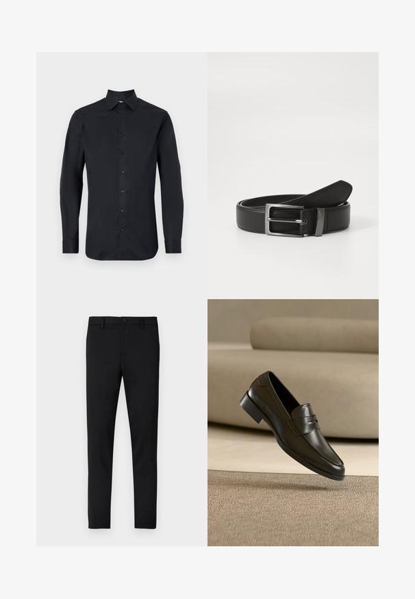 Schwarzes Langarmhemd aus glattem Stoff mit klassischem Kragen, einem frontalen Knopfverschluss und geknöpften Manschetten.; Schwarze, figurbetonte Hose mit glatter Textur, Knopfverschluss, Gürtelschlaufen und ohne sichtbare Muster oder Akzente.; Schwarzer Leder-Slipper, der über einem beigen Teppich schwebt, mit einem beigen Sofa im Hintergrund, und zeigt das klassische Herren-Design zum Hineinschlüpfen.; Schwarzer Ledergürtel mit einer silbernen Metallschnalle, der eine glatte Oberfläche und ein klassisches Design aufweist. Der Gürtel ist ordentlich gefaltet.