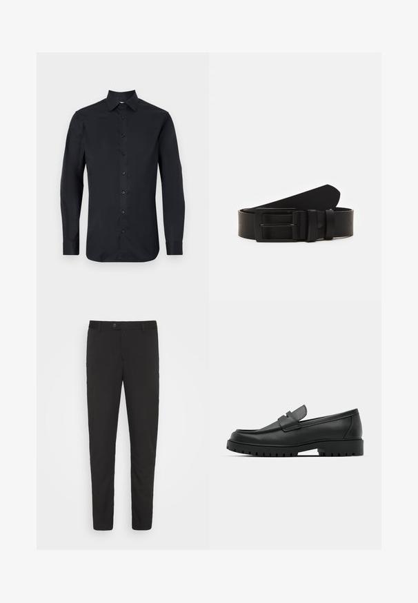 Zwarte longsleeve shirt van gladde stof, met een klassieke kraag, sluiting aan de voorkant met knopen en knoopmanchetten.; Zwarte, op maat gemaakte pantalons met een recht model, voorzakken en een knoopsluiting. Gemaakt van gladde stof met een lichte glans.; Zwarte leren instappers met een ronde neus, voorzien van een gestikt ontwerp, een lage platformzool en een gestructureerde, grof rubberen buitenzool.; Zwarte leren riem gerold met een matte zwarte rechthoekige metalen gesp en twee riemlussen op een witte achtergrond.