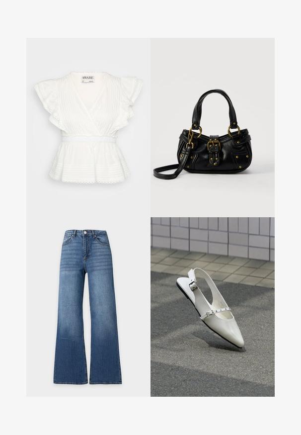 Biely peplum top s volánovými krátkymi rukávmi, zavinovacím dizajnom, horizontálnymi prúžkami, elastickým pásom a detailmi s vlnkovaným lemom.; Modré riflové nohavice s vysokým pásom a širokými nohavicami, s predným gombíkom, zipsom a klasickým dizajnom s piatimi vreckami na jednoduchom svetlom pozadí.; Biela špicatá slingback plochá topánka s dvoma striebornými prackami, zobrazená vonku na textúrovanej zemi a dlaždicovej stene v pozadí.; Čierna kožená kabelka so zlatou prackou a nitmi, krátkymi rúčkami a nastaviteľným popruhom cez rameno na čistom bielom pozadí.