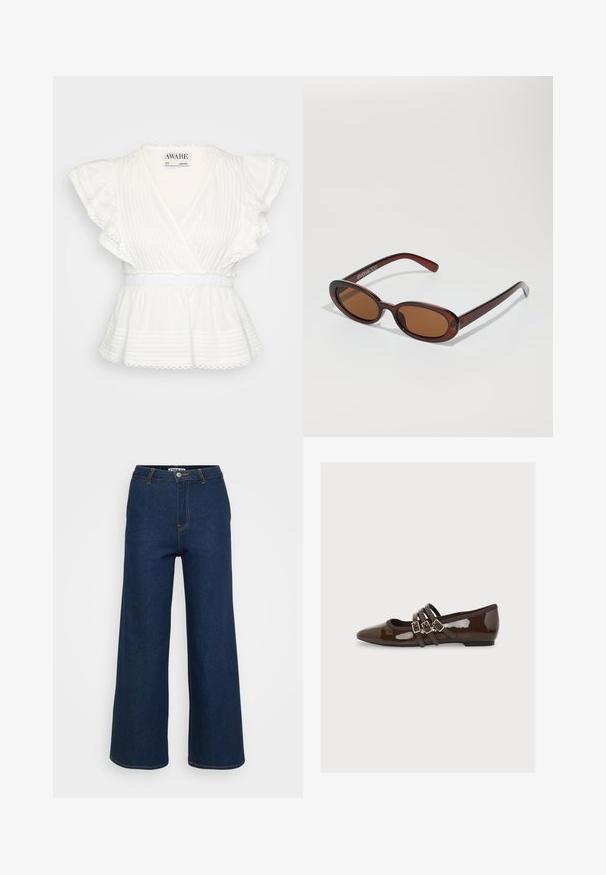 Valge peplum topp, millel on volangiga lühikesed varrukad, rätsepa disain, horisontaalsed ribad, elastne vöökoht ja lainelise servaga detailid.; Tume sinine laiad jalad denim püksid, kontrastsete kollaste õmblustega, kõrge vöökoht ja nupuga kinni. Sile tekstuur ja klassikaline disain.; Tumepruun läikiv nahast lattjalats terava varbaosaga ja kolm õhukest õlga kuldsete pandlatega peal.; Ümar, pruunikased päikeseprillid läikiva burgundia raami ja peente kaubamärgi detailidega. Peened sangad ja lame läätsedesain.