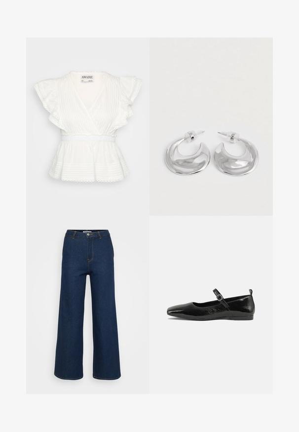 Biely peplum top s volánovými krátkymi rukávmi, zavinovacím dizajnom, horizontálnymi prúžkami, elastickým pásom a detailmi s vlnkovaným lemom.; Široké džínsové nohavice v tmavomodrej farbe s kontrastným žltým prešívaním, vysokým pásom a gombíkovým zapínaním. Hladká textúra a klasický dizajn.; Čierne lakované baleríny s špicatou špičkou, remienkom na členku so sponou a hladkým, lesklým povrchom. Nízky podpätok pre pohodlie.; Pár lesklých strieborných náušníc v tvare polkruhu s priehľadnými plastovými zátkami na bielom povrchu.
