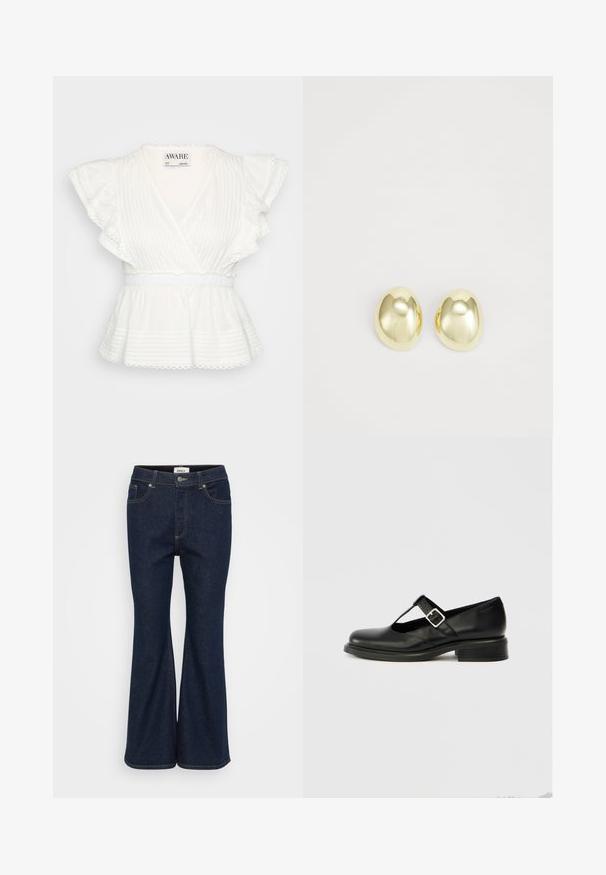 Biely peplum top s volánovými krátkymi rukávmi, zavinovacím dizajnom, horizontálnymi prúžkami, elastickým pásom a detailmi s vlnkovaným lemom.; Tmavomodré rozšírené džínsy vyrobené z denimu, s klasickým návrhom piatich vreciek, kontrastným šitím a bronzovým zapínaním.; Čierna kožená obuv Mary Jane s okrúhlou špičkou, T-ramienkovým dizajnom, nastaviteľnou prackou a nízkym naskladaným podpätkom. Hladká textúra s minimálnym zdobením.; Náušnice so zlatým tónom, vyrobené z kovu, s hladkým, zaobleným tvarom a lesklým povrchom. Jednoduchý dizajn bez ďalších ozdôb.