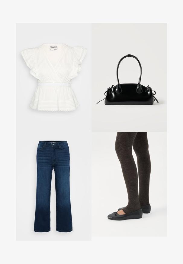 Biely peplum top s volánovými krátkymi rukávmi, zavinovacím dizajnom, horizontálnymi prúžkami, elastickým pásom a detailmi s vlnkovaným lemom.; ONLY Petite ONLMADISON BLUSH WIDE - Široké nohavice - dark blue denim; Nohy v tmavých pásikavých legínach v kombinácii s čiernymi balerínkami s malými mašličkami na bielom pozadí.; Malá čierna lesklá kabelka s dvoma dlhými rúčkami a bočnými šnúrkovými detailmi na jednoduchom svetlom pozadí.