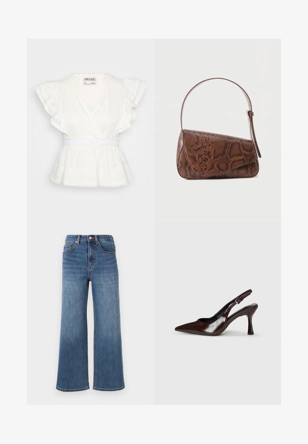 Biely peplum top s volánovými krátkymi rukávmi, zavinovacím dizajnom, horizontálnymi prúžkami, elastickým pásom a detailmi s vlnkovaným lemom.; Modré rifľové nohavice s širokými nohavicami, piatimi vreckami, zapínaním na gombíky a pútkami na opasok, zobrazené na jednoduchom svetlom pozadí.; Hnedé patentné kožené sandále na opätku s špicatou špičkou, tenkým opätkom a nastaviteľným popruhom so malou prackou.; Hnedá kožená kabelka s hadím vzorom, uzatvárateľná na záklopku s jedným nastaviteľným popruhom na rameno, na jednoduchom pozadí.