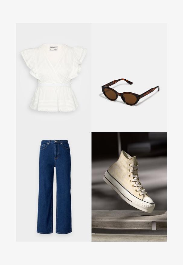 Valge peplum topp, millel on volangiga lühikesed varrukad, rätsepa disain, horisontaalsed ribad, elastne vöökoht ja lainelise servaga detailid.; Tumed sinise värvi laiad denim püksid, millel on klassikaline viie tasku disain, diskreetne õmblus ja metallne nup closure vöökoha juures.; Korkeapohjaiset tennarit, joissa on tekstuuri heledad kollane ülemine osa, valge kummine varbakate ja kontrastsed mustad triibud valgel tallal. Paelaga sulgemine.; Pruunid kilpkonnamustriga päikeseprillid, mille vintage-kassikujuline kuju ja pruunid läätsed. Omavad kaardus varsi punaste aktsentidega.