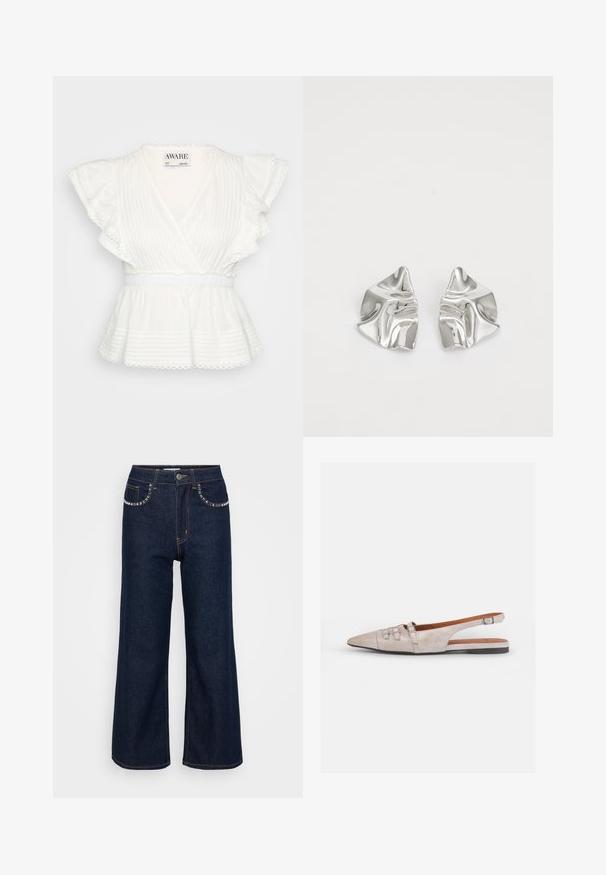 Biely peplum top s volánovými krátkymi rukávmi, zavinovacím dizajnom, horizontálnymi prúžkami, elastickým pásom a detailmi s vlnkovaným lemom.; Tmavomodré široké džínsy vyrobené z denimu, s vysokým pásom, dvoma prednými vreckami s dekoratívnym prešívaním a jedným uzatváraním na gombík.; Svetlosivá lodička so slingback dizajnom a špicatou špičkou, vyrobená z mäkkej semišovej textúry, so siedmimi dekoratívnymi prackami a nízkym plochým podpätkom.; Strieborné kovové náušnice s vlnitým, sochárskym dizajnom, s lešteným povrchom a nepravidelnými tvarmi, ktoré zvýrazňujú súčasnú estetiku.