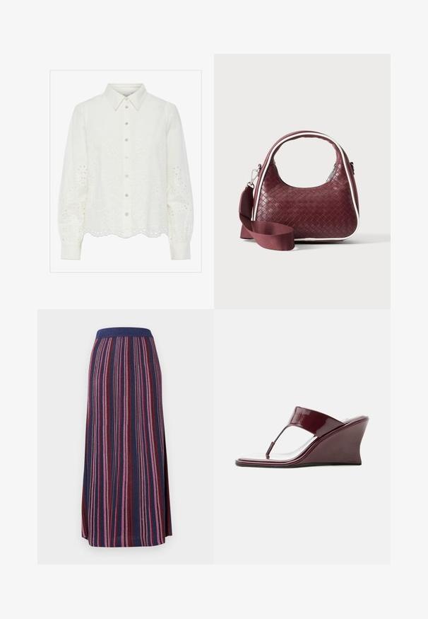 Hvid bluse med lange ærmer og knaplukning foran, der har blomstermønster med hulbroderi og bølget kant. Blødt bomuldsstof og struktureret krave.; Maxi nederdel med lodrette striber i marineblå, pink og røde nuancer, med en bred elastisk talje.; Kvinders blanke bordeaux kilehælssandal med tå-rem og kantet hæl, vist i sideprofil på hvid baggrund.; Mørkerød vævet lædertaske med buet hank, hvid kant, sølv lynlås og aftagelig bred stofskulderrem mod en ensfarvet baggrund.