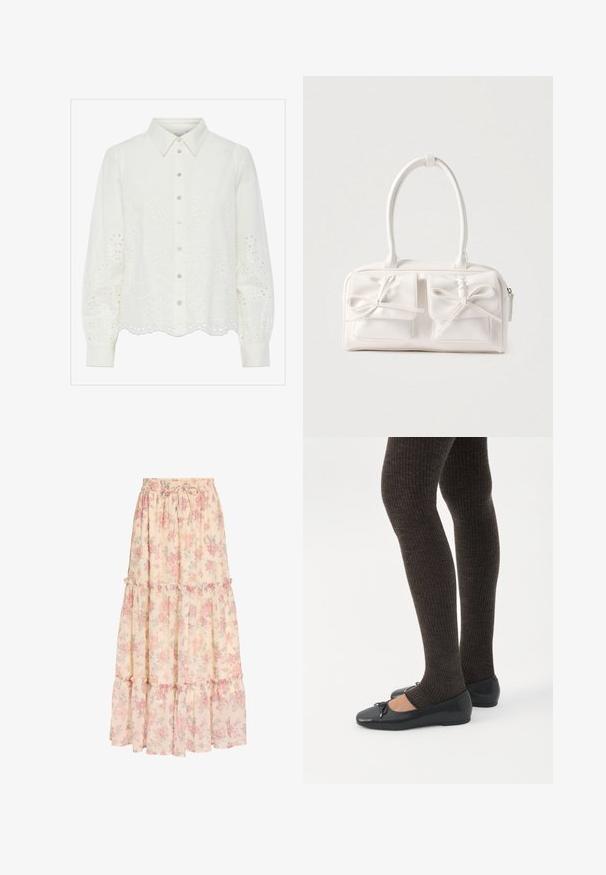 Hvid bluse med lange ærmer og knaplukning foran, der har blomstermønster med hulbroderi og bølget kant. Blødt bomuldsstof og struktureret krave.; Lang beige nederdel med pink blomsterprint, elastisk talje med snøre og lagdelt flæsedetalje.; Ben iført mørke ribbede leggings kombineret med sorte balletsko med små sløjfedetaljer på hvid baggrund.; Hvid syntetisk håndtaske med to forlommer, hver med en bundet sløjfedetalje. Glat tekstur, afrundede håndtag og lynlås lukning.