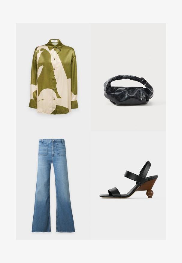 Chemise en satin vert olive et crème, ornée d'un grand motif abstrait, col pointu et patte de boutonnage à l'avant avec manches longues.; Jean en denim bleu clair taille haute avec jambes larges évasées, poches plaquées à l’avant, fermeture par boutons et passants de ceinture.; Sandale noire en cuir à bout ouvert avec deux brides et un talon compensé en bois avec une base ronde en forme de boule.; Sac noir en matériau texturé et brillant avec une poignée circulaire torsadée et une fermeture éclair. Présente un design doux et froissé.