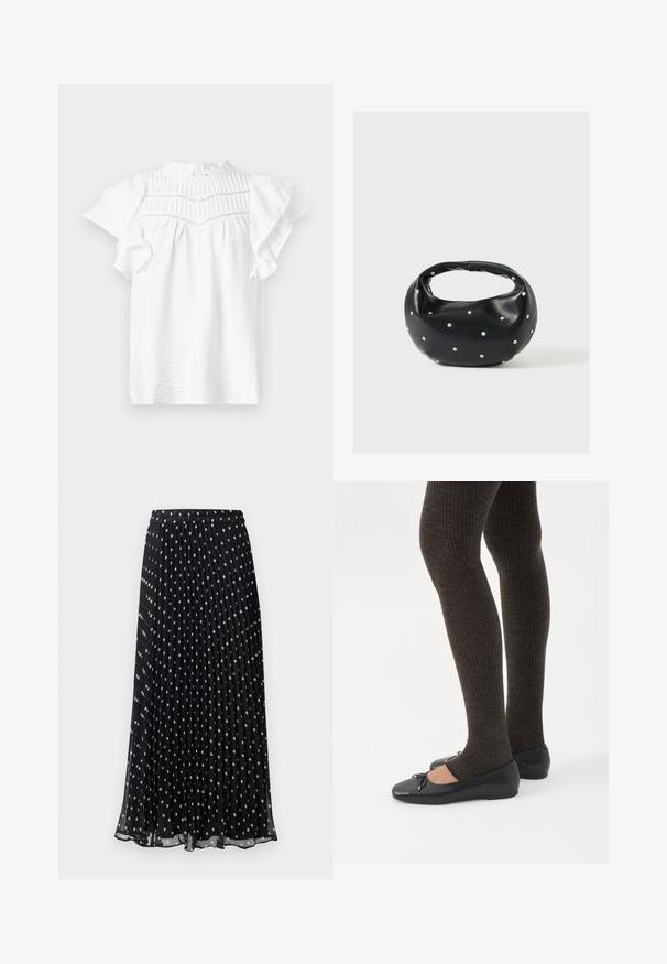 Blouse blanche à manches courtes avec un col haut, présentant des détails plissés et des manches Volantes, faite d'un tissu léger et texturé.; Jupe noire plissée à pois blancs, dotée d'une taille élastique et d'un design fluide, fabriquée en tissu léger.; Jambes portant des leggings côtelés foncés associés à des ballerines noires avec de petits détails en nœud sur fond blanc.; Sac à main en cuir noir de forme arrondie, décoré de clous argentés et équipé d'une poignée courte. Texture lisse et fermeture éclair.