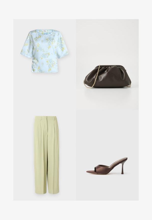Blouse bleu clair à manches courtes, ornée d'un motif floral aux tons doux verts et bleus. Tissu lisse avec un col rond.; Pantalon large taille haute beige clair avec plis, passants pour ceinture et fermeture éclair à l'avant.; Mule en satin marron à bout ouvert avec un talon fin de hauteur moyenne et une conception à enfiler sur fond blanc uni.; Sac à main en cuir marron avec un design froncé, une bandoulière en chaîne dorée et une finition douce et texturée. Sa forme compacte est idéale pour une utilisation en soirée.